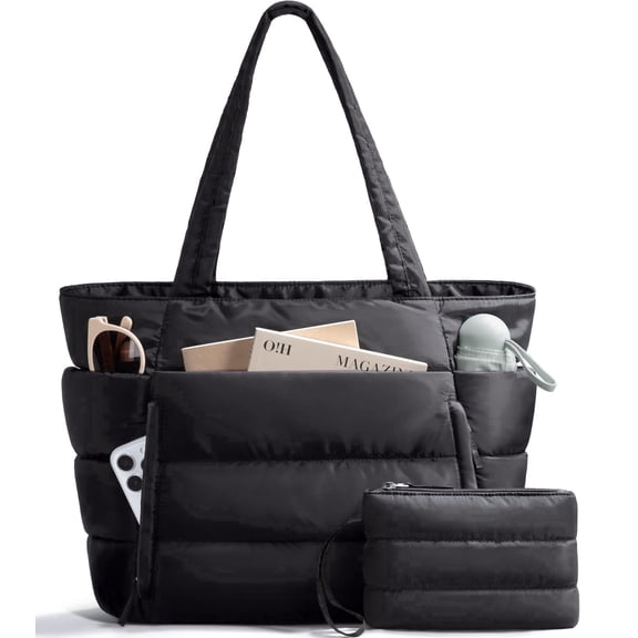 MELECE Women's Polyester Solid Tote Bag, Black - 15.6" Laptop Compartment, Cup Holder Pocket | Spacious, Portable Daily Carry-on for Teachers, Nurses, School, Travel & Gym (Zipper Closure)