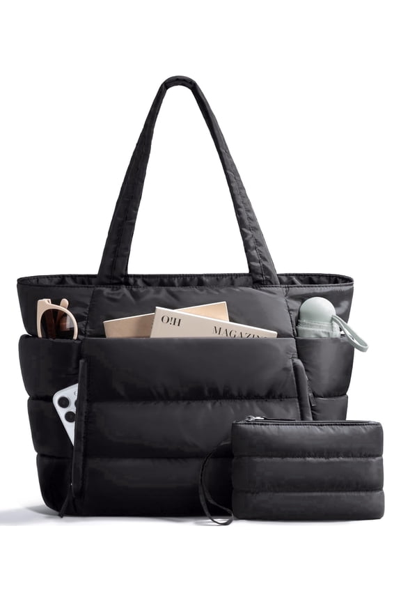 Women's Polyester Solid Tote Bag, Black - 15.6" Laptop Compartment, Cup Holder Pocket | Spacious, Portable Daily Carry-on for Teachers, Nurses, School, Travel & Gym (Zipper Closure)