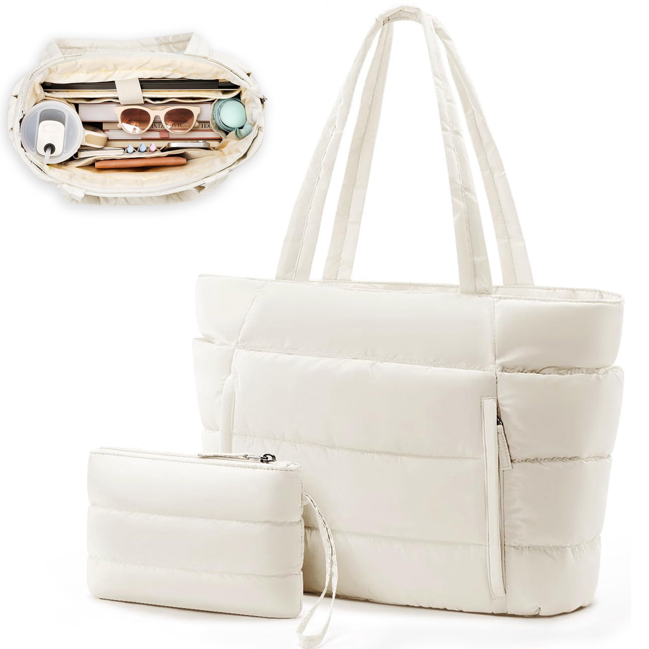Puffer Tote Bag for Women, Large Capacity Lightweight Quilted Shoulder Bag, Waterproof Handbag for Work, Travel, Gym, Beige