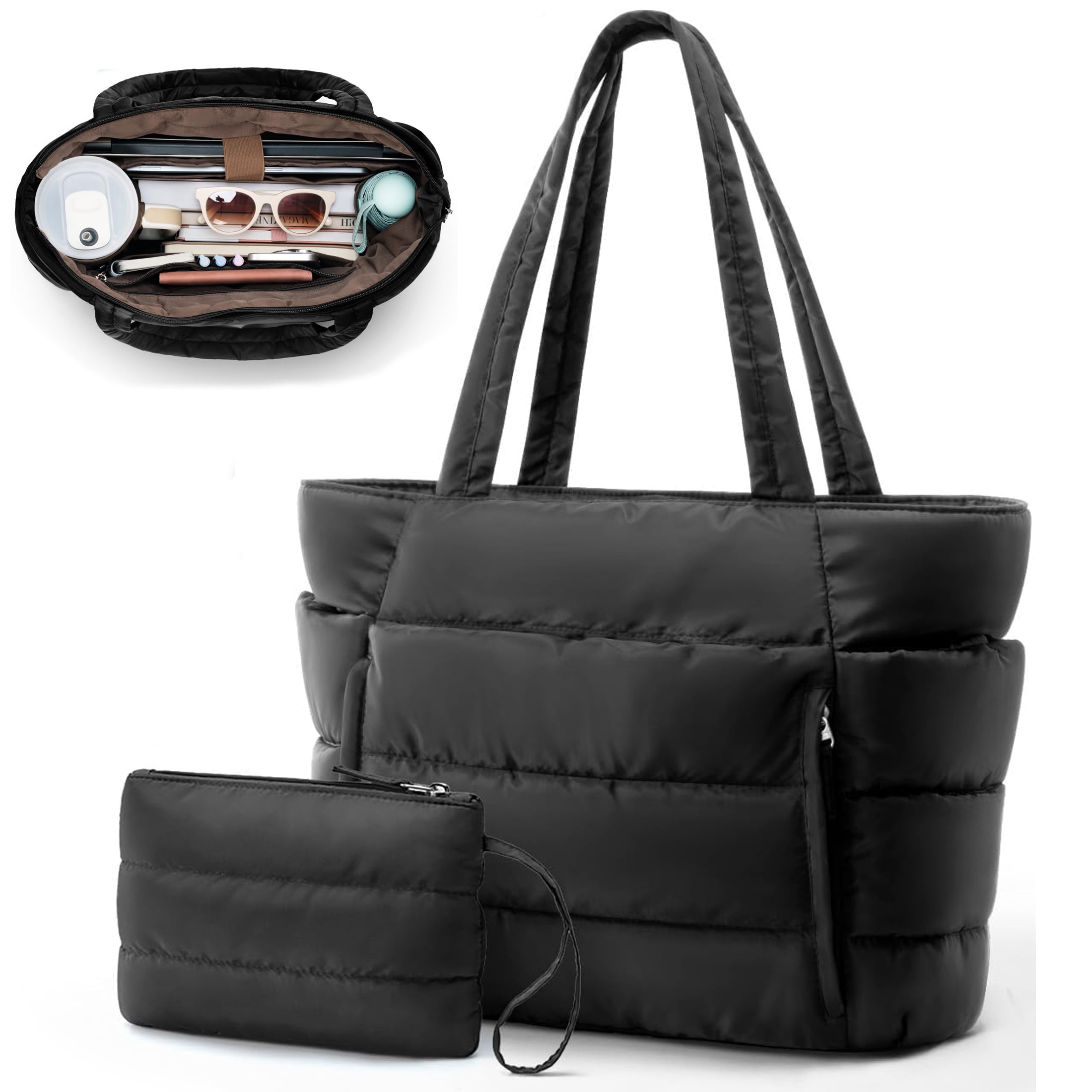Puffer Tote Bag for Women, Large Capacity Lightweight Quilted Shoulder Bag, Waterproof Handbag for Work, Travel, Gym, Black