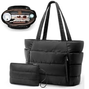 Puffer Tote Bag for Women, Large Capacity Lightweight Quilted Shoulder Bag, Waterproof Handbag for Work, Travel, Gym, Black