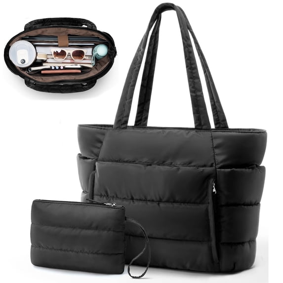 Puffer Tote Bag for Women, Large Capacity Lightweight Quilted Shoulder Bag, Waterproof Handbag for Work, Travel, Gym, Black