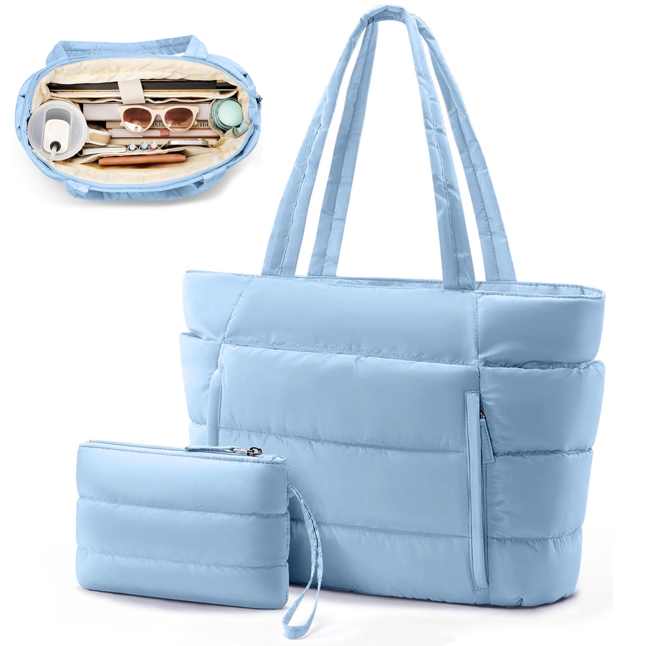 Puffer Tote Bag for Women, Large Capacity Lightweight Quilted Shoulder Bag, Waterproof Handbag for Work, Travel, Gym, Blue