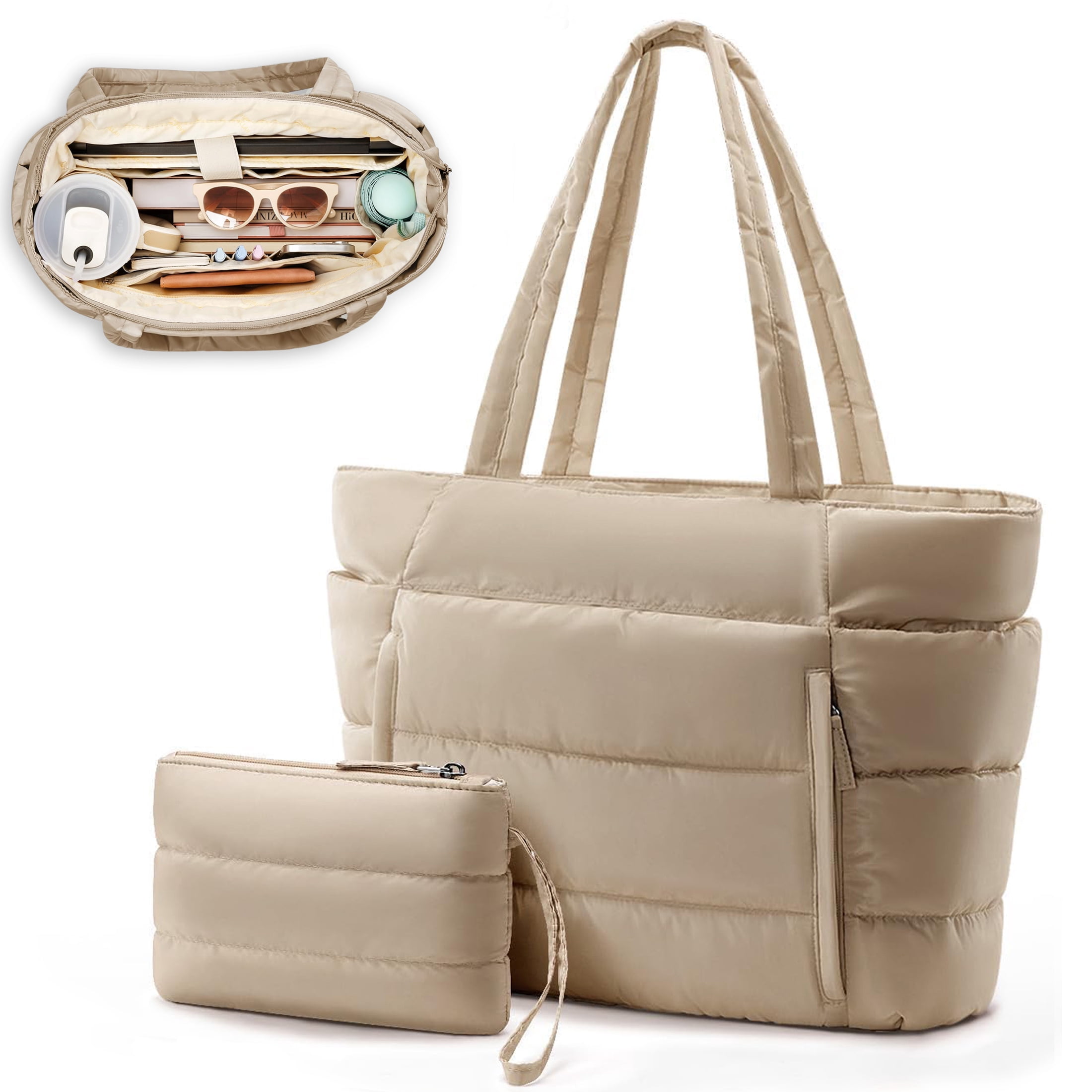 Puffer Tote Bag for Women, Large Capacity Lightweight Quilted Shoulder Bag, Waterproof Handbag for Work, Travel, Gym, Camel