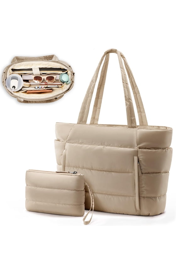 Puffer Tote Bag for Women, Large Capacity Lightweight Quilted Shoulder Bag, Waterproof Handbag for Work, Travel, Gym, Camel