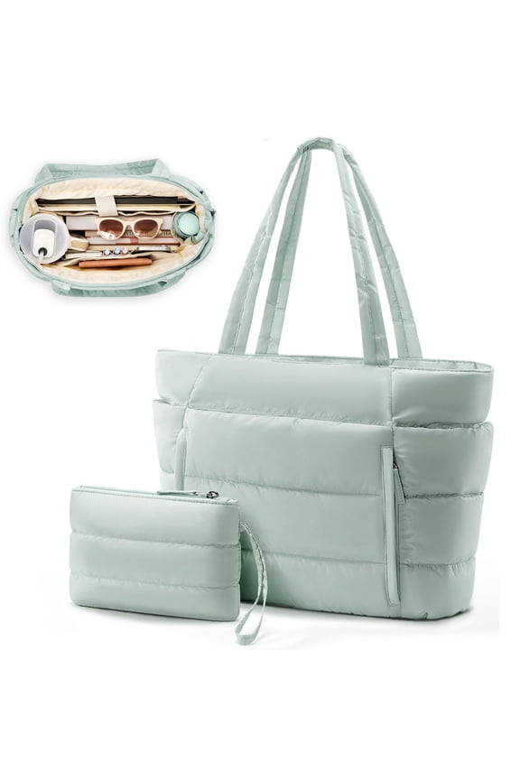 Puffer Tote Bag for Women, Large Capacity Lightweight Quilted Shoulder Bag, Waterproof Handbag for Work, Travel, Gym, Mint Green