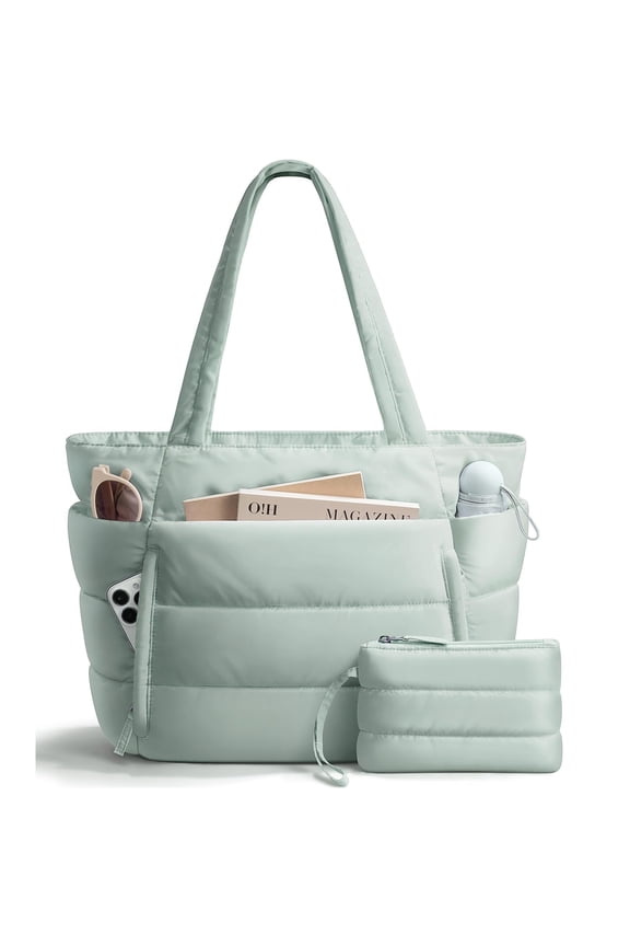 Puffer Tote Bag for Women, Large Capacity Lightweight Quilted Shoulder Bag, Waterproof Handbag for Work, Travel, Gym, Mint Green