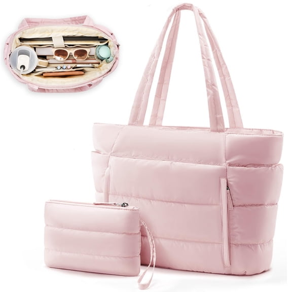 Puffer Tote Bag for Women, Large Capacity Lightweight Quilted Shoulder Bag, Waterproof Handbag for Work, Travel, Gym, Pink