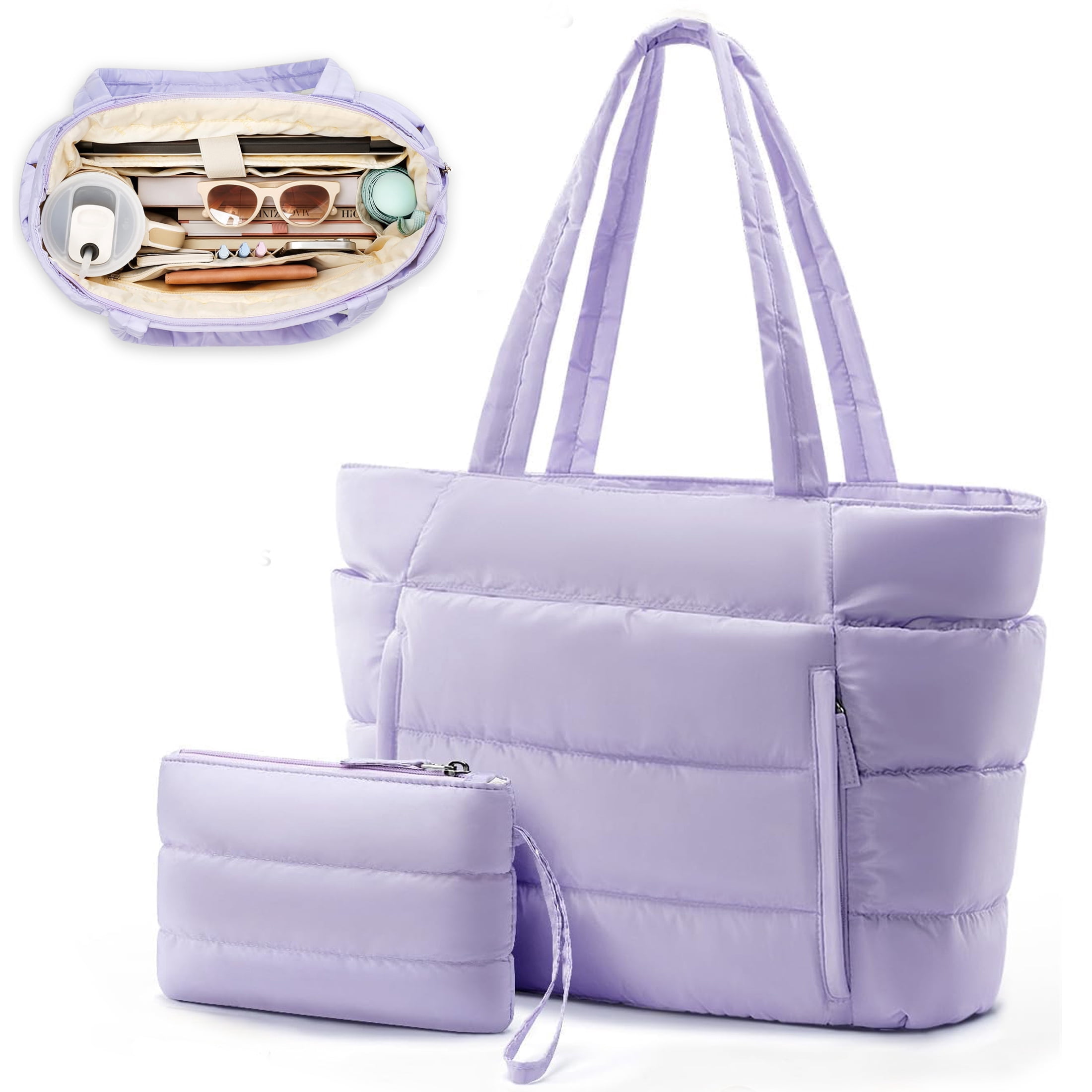 Puffer Tote Bag for Women, Large Capacity Lightweight Quilted Shoulder Bag, Waterproof Handbag for Work, Travel, Gym, Purple