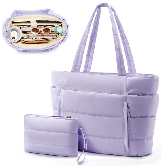 Puffer Tote Bag for Women, Large Capacity Lightweight Quilted Shoulder Bag, Waterproof Handbag for Work, Travel, Gym, Purple