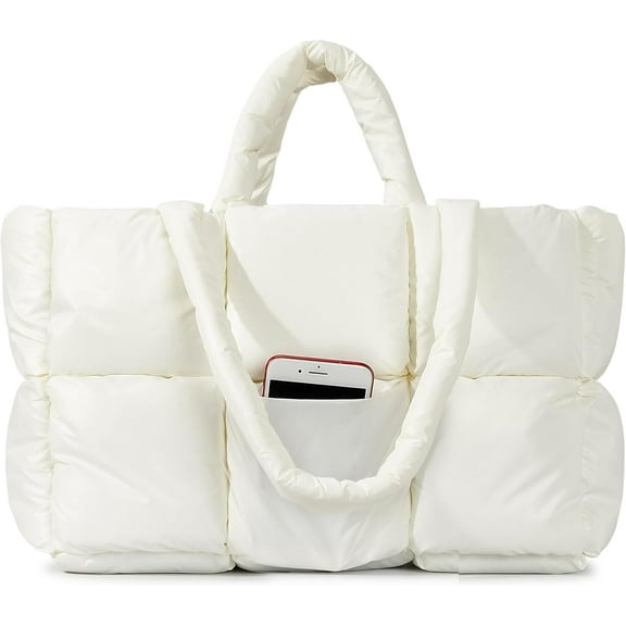 Puffer Tote Bag for Women, Large Quilted Puffy Handbag Lightweight Winter Down Cotton Padded Trendy Shoulder Purse
