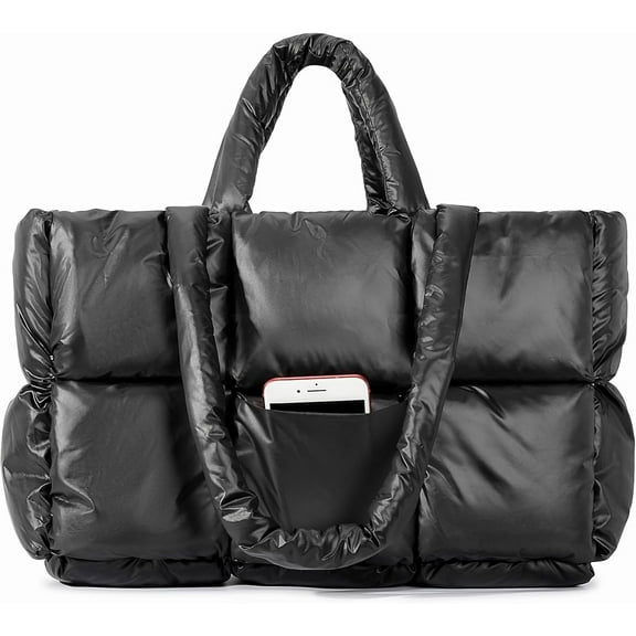 Puffer Tote Bag for Women, Large Quilted Puffy Handbag Lightweight Winter Down Cotton Padded Trendy Shoulder Purse