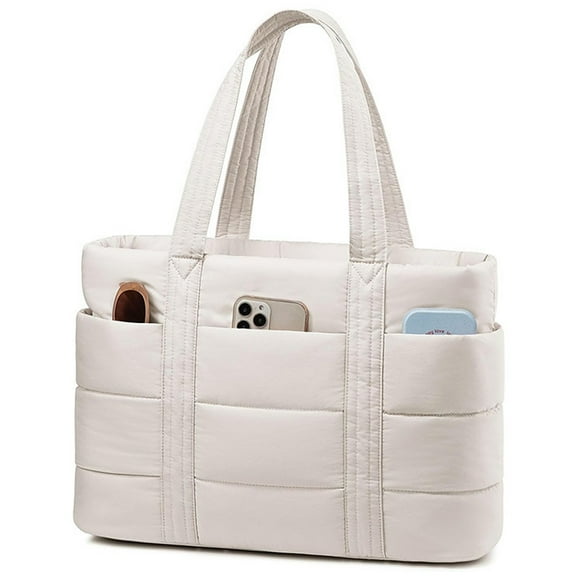 Puffer Tote Bag for Women, Lightweight Work Handbag with Compartments for 15.6" Laptop, Quilted Shoulder Bag for Commuter, Travel, Gym, School, Beige