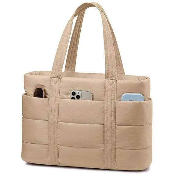 Puffer Tote Bag for Women, Lightweight Work Handbag with Compartments for 15.6" Laptop, Quilted Shoulder Bag for Commuter, Travel, Gym, School, Khaki