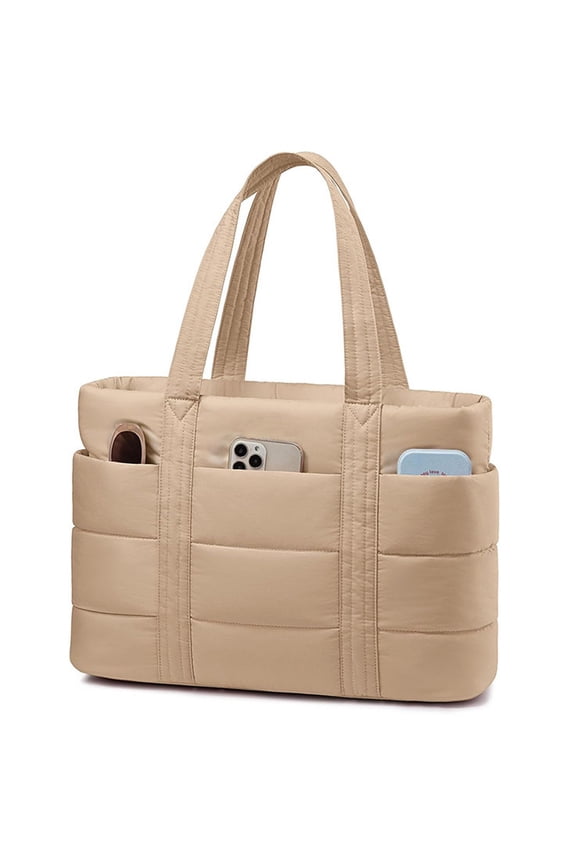 Puffer Tote Bag for Women, Lightweight Work Handbag with Compartments for 15.6" Laptop, Quilted Shoulder Bag for Commuter, Travel, Gym, School, Khaki