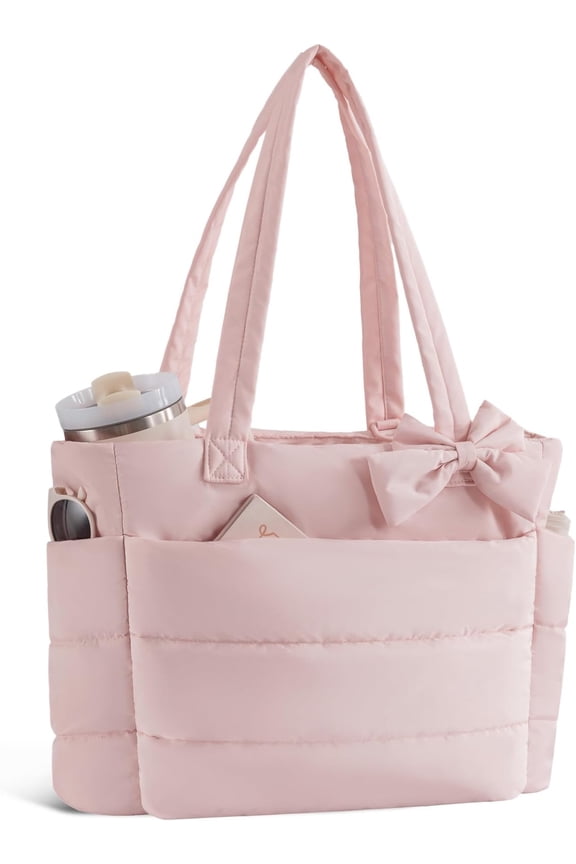 Puffer Tote Bag for Women, Quilted Bow Tote Bag with Cup Holder & 15.6 In Laptop Compartment for Work, Travel, Gym, College