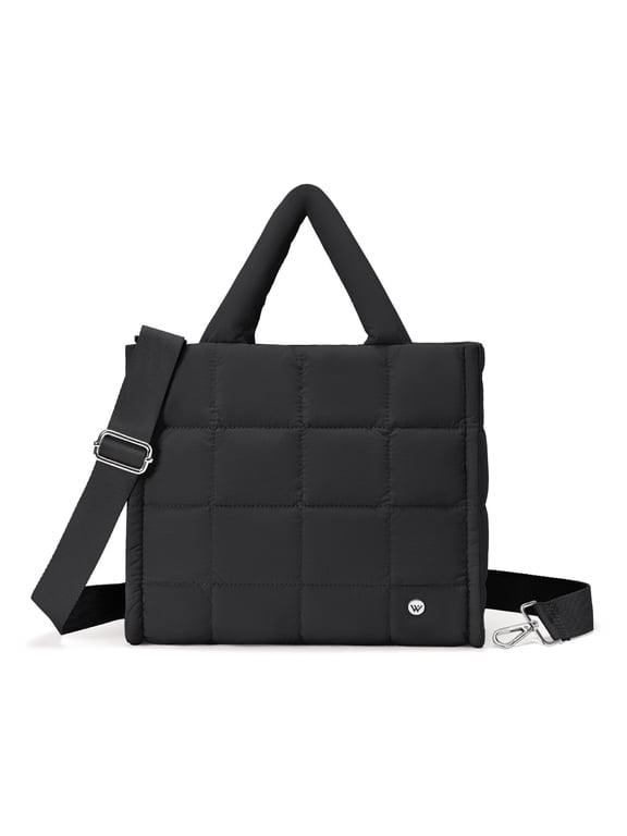 Puffer Tote Bag for Women, Lightweight Puffy Handbag with Compartments, Quilted Shoulder Bag for Work, Travel, Gym-Jet Black