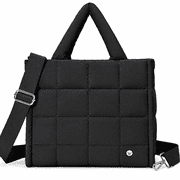 Puffer Tote Bag for Women, Lightweight Puffy Handbag with Compartments, Quilted Shoulder Bag for Work, Travel, Gym-Jet Black