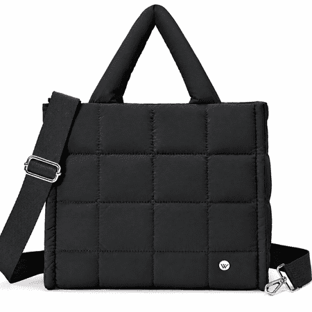 AEYHKFES-US Puffer Tote Bag for Women, Lightweight Puffy Handbag with Compartments, Quilted Shoulder Bag for Work, Travel, Gym-Jet Black
