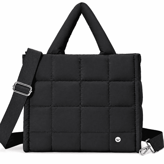 Puffer Tote Bag for Women, Lightweight Puffy Handbag with Compartments, Quilted Shoulder Bag for Work, Travel, Gym-Jet Black
