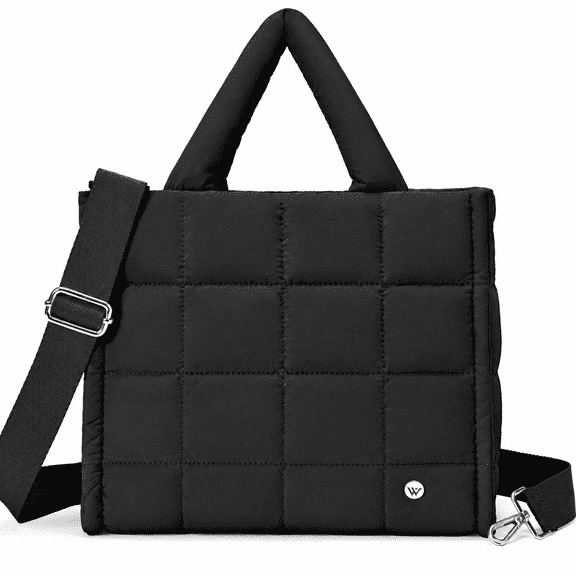 Puffer Tote Bag for Women, Lightweight Puffy Handbag with Compartments, Quilted Shoulder Bag for Work, Travel, Gym-Jet Black