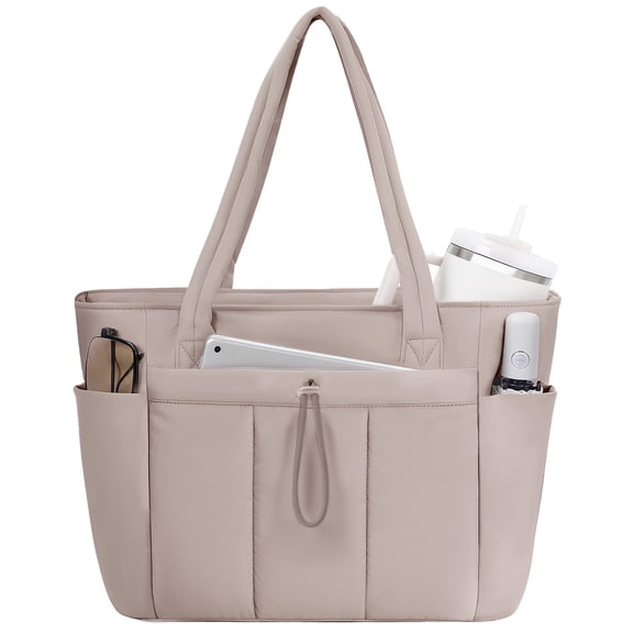 Puffer Tote Bag for Women, Shoulder Bag Handbag with Cup Holder & 15.6" Laptop Compartment & Trolley Sleeve for Travel, Work, Nurse, Lightweight, 20L