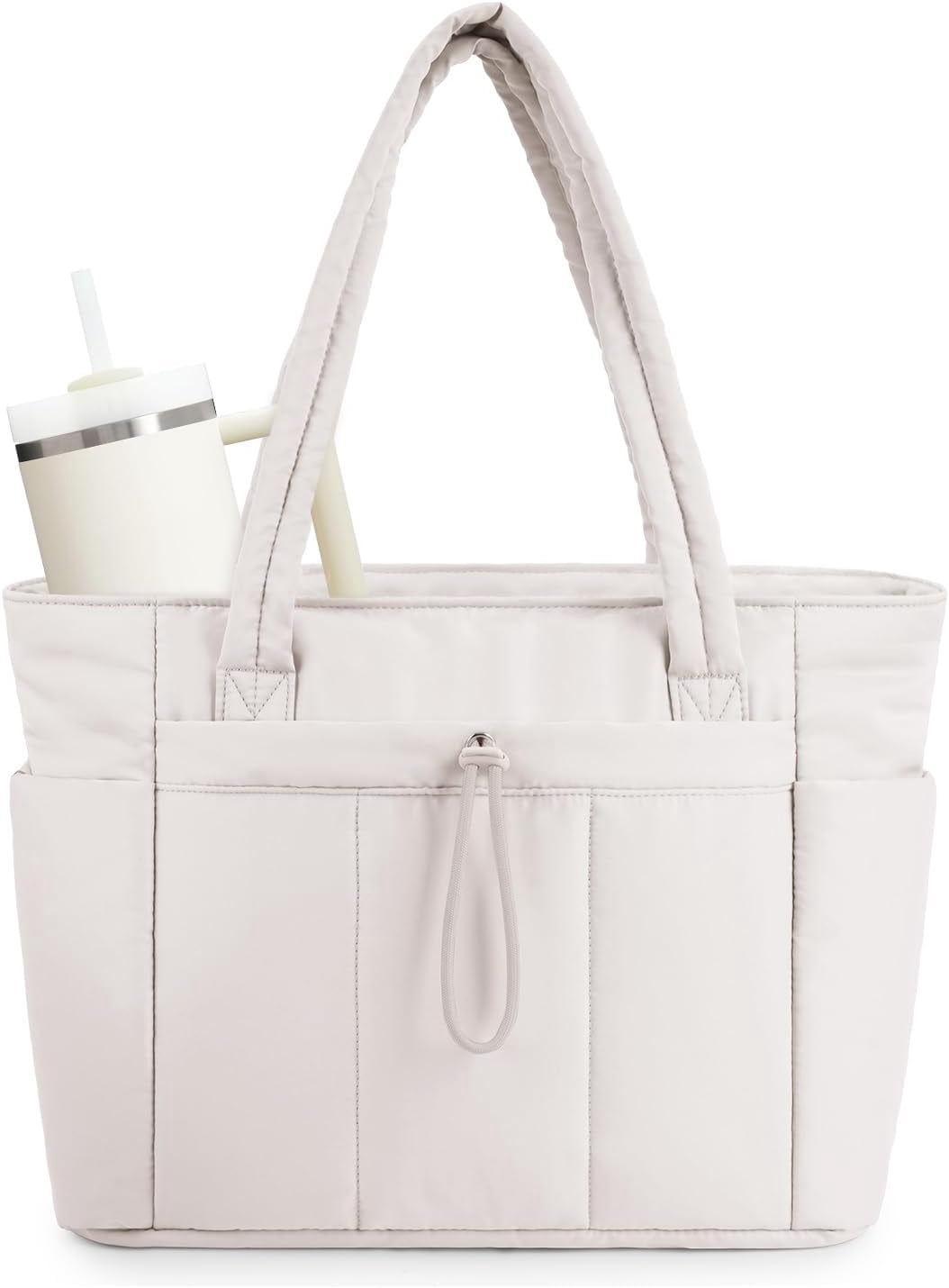 Puffer Tote Bag for Women, Shoulder Bag Handbag with Cup Holder & 15.6" Laptop Compartment & Trolley Sleeve for Travel, Work, Nurse, Lightweight, 20L