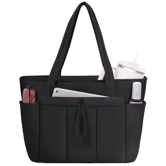 Puffer Tote Bag for Women, Shoulder Bag Handbag with Cup Holder & 15.6" Laptop Compartment & Trolley Sleeve for Travel, Work, Nurse, Lightweight, 20L