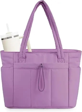 Puffer Tote Bag for Women, Shoulder Bag Handbag with Cup Holder & 15.6" Laptop Compartment & Trolley Sleeve for Travel, Work, Nurse, Lightweight, 20L