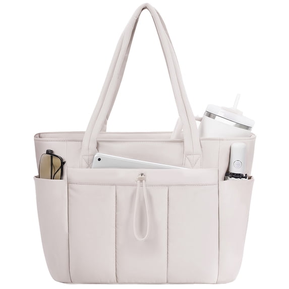 Puffer Tote Bag for Women, Shoulder Bag Handbag with Cup Holder & 15.6" Laptop Compartment & Trolley Sleeve for Travel, Work, Nurse, Lightweight, 20L