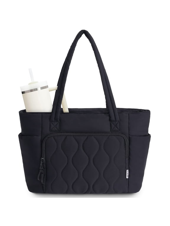 Puffer Tote Bag for Women with 40oz Cup Holder & 15.6" Laptop Compartment, Lightweight Work Tote Shoulder Bag Handbag for Travel Teacher Nurse, Black