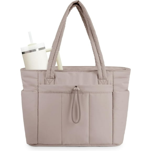 Puffer Tote Bag with Cup Holder & Laptop Compartment & Trolley Sleeve for Travel, Work, Nurse, Women-Beige