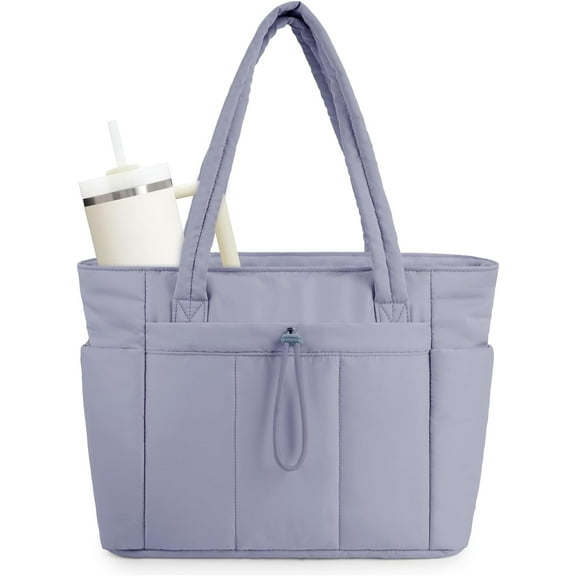 Puffer Tote Bag with Cup Holder & Laptop Compartment & Trolley Sleeve for Travel, Work, Nurse, Women-Blue