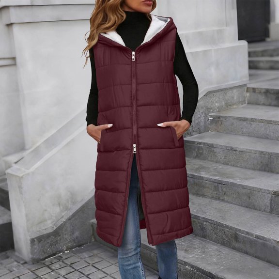Puffer Vest Women Long Hooded Sleeveless Zip Up Quilted Vests Outerwear Lightweight Puffy Jacket Fall Winter Coat Wine S
