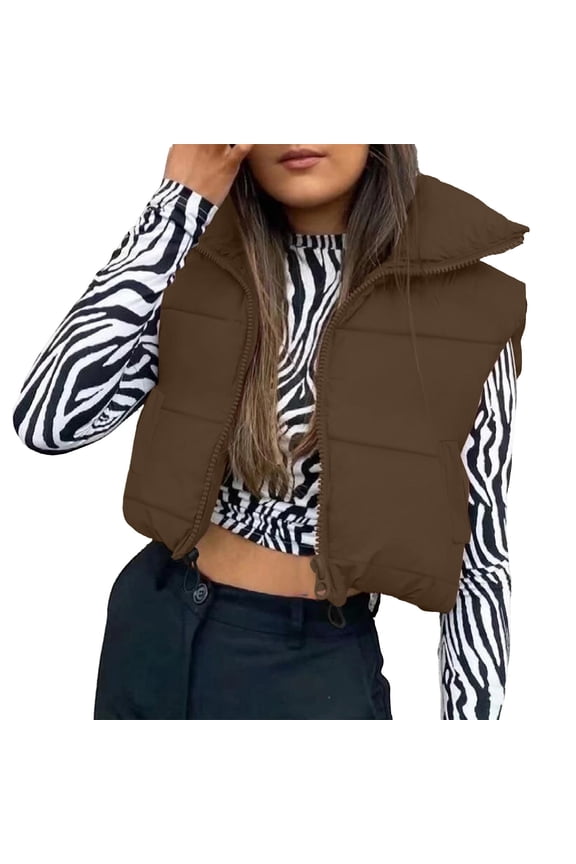 Puffer Vest Women Sevevn Womens Cropped Puffer Vest Padded Stand Collar Zip Lightweight Sleeveless Outwear Gilet Jacket Waistcoat