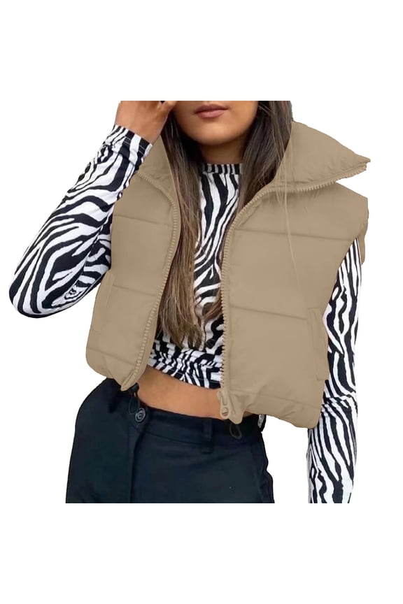 Puffer Vest Women Sevevn Womens Cropped Puffer Vest Padded Stand Collar Zip Lightweight Sleeveless Outwear Gilet Jacket Waistcoat