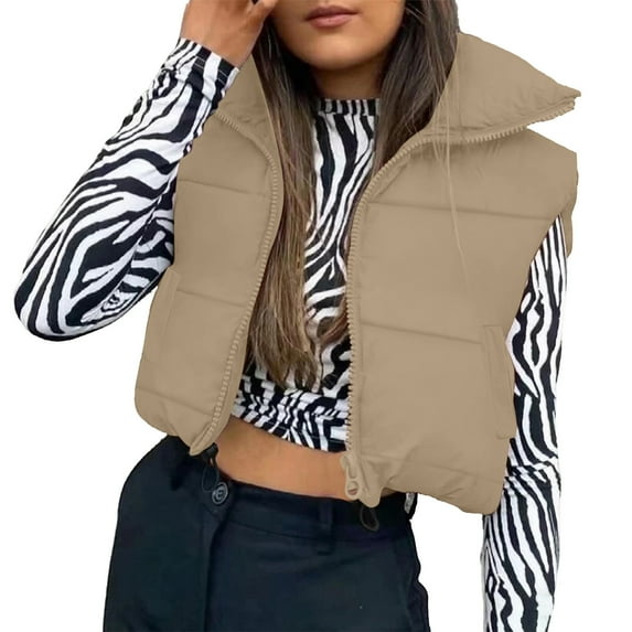 Puffer Vest Women Sevevn Womens Cropped Puffer Vest Padded Stand Collar Zip Lightweight Sleeveless Outwear Gilet Jacket Waistcoat