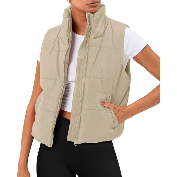 Puffer Vest Women Sleeveless Winter Cropped Outerwear Warm Puffer Lightweight Stand-up Collar Down with Pockets