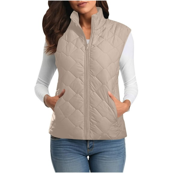 Puffer Vest Women Sleeveless Winter Cropped Outerwear Womens Vest Warm Puffy Lightweight Stand-up Collar Down with Pockets Vest For Women