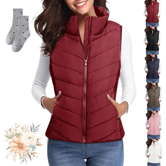 Puffer Vest Women Sleeveless Zip Up Outerwear, Lightweight Quilted Stand Collar Vest Jacket with Side Pockets for All Season Wear