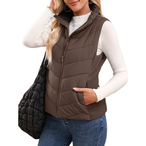 Puffer Vest Women Sleeveless Zip Up Outerwear Stand Collar Quilted Vest Warm Winter Jackets Coats with Pocket Brown XXXL