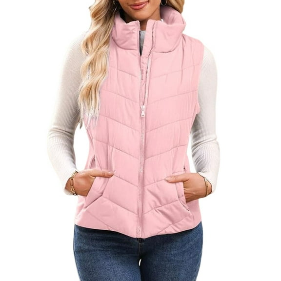 Puffer Vest Women Sleeveless Zip Up Outerwear Stand Collar Quilted Vest Warm Winter Jackets Coats with Pocket Pink XL
