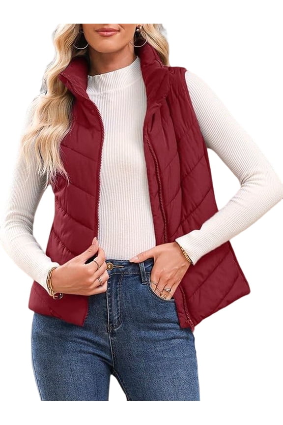 Puffer Vest Women Sleeveless Zip Up Outerwear Stand Collar Quilted Vest Warm Winter Jackets Coats with Pocket Red M