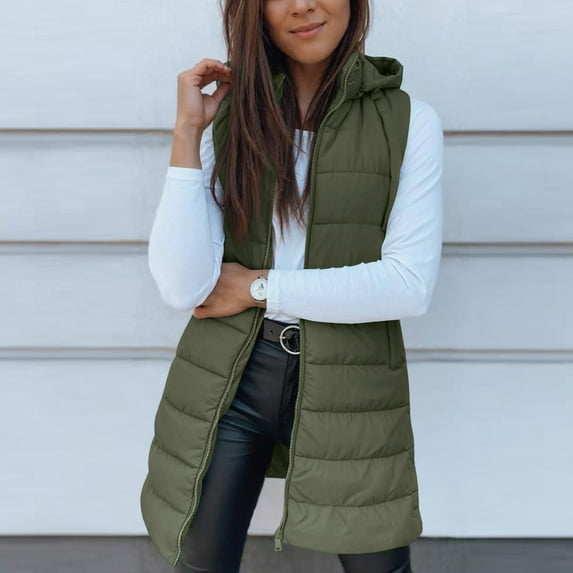 Puffer Vest Women Winter Warm Long Quilted Sleeveless Jackets with Pockets Fall Fashion Zip Up Puffy Coat Outerwear Army Green 2XL