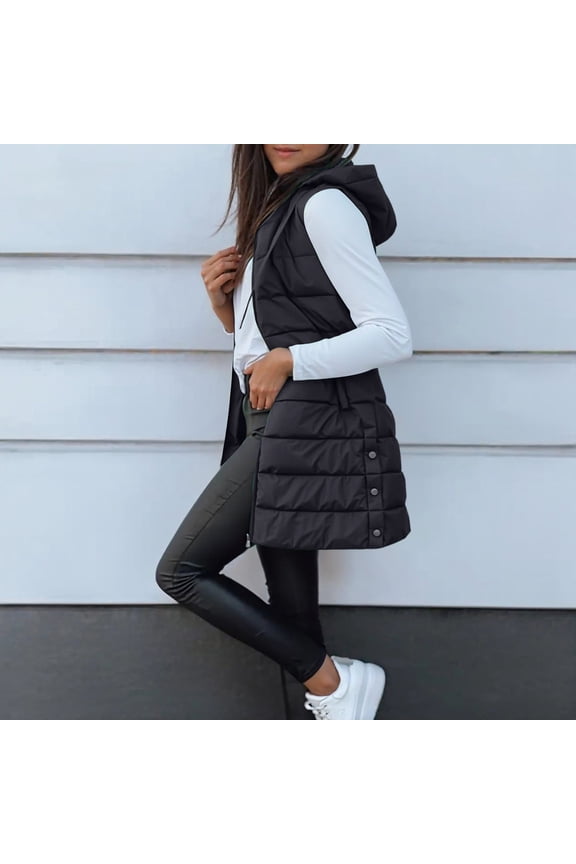 Puffer Vest Women Winter Warm Long Quilted Sleeveless Jackets with Pockets Fall Fashion Zip Up Puffy Coat Outerwear Black S