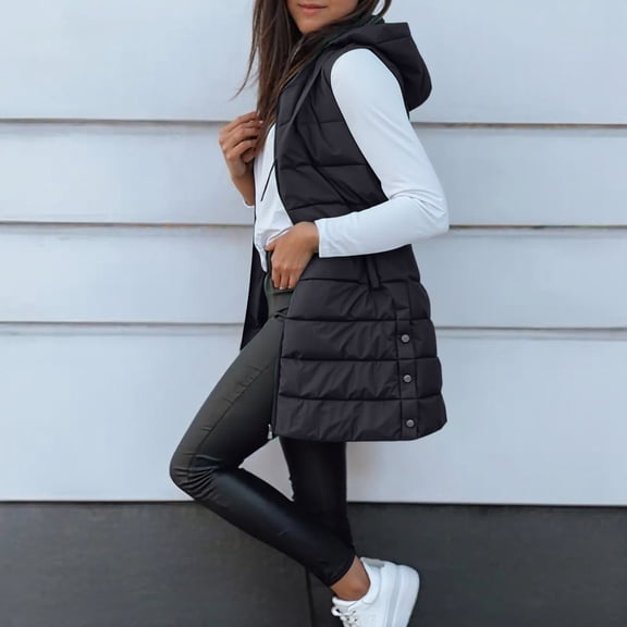 Puffer Vest Women Winter Warm Long Quilted Sleeveless Jackets with Pockets Fall Fashion Zip Up Puffy Coat Outerwear Black S