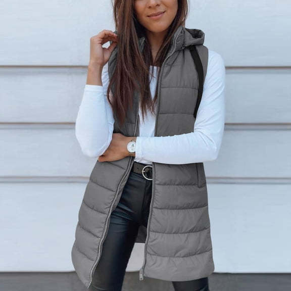 Puffer Vest Women Winter Warm Long Quilted Sleeveless Jackets with Pockets Fall Fashion Zip Up Puffy Coat Outerwear Gray L