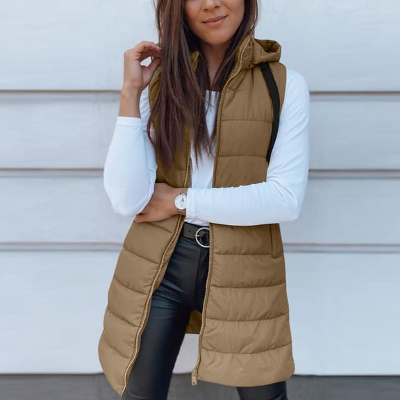 Puffer Vest Women Winter Warm Long Quilted Sleeveless Jackets with Pockets Fall Fashion Zip Up Puffy Coat Outerwear Light Brown 2XL