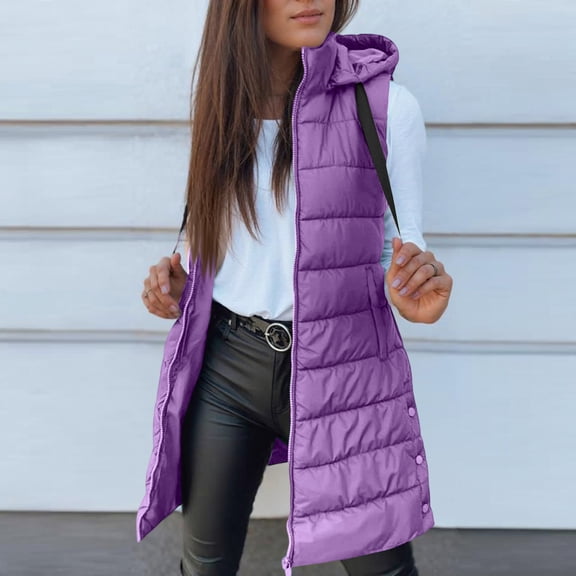 Puffer Vest Women Winter Warm Long Quilted Sleeveless Jackets with Pockets Fall Fashion Zip Up Puffy Coat Outerwear Light Purple 2XL