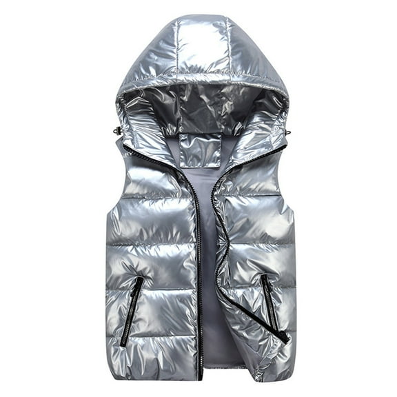 Puffer Vest Womens Hooded Bright Color Winter Zip Up Lightweight Sleeveless Puffy Down Cotton Jacket Waistcoat (X-Large, Silver)